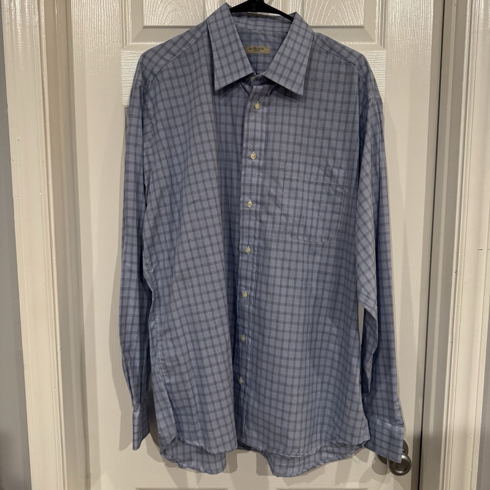 Burberry London Men's Check Blue Plaid Button Up Shirt Made In USA‎ Large 17.5